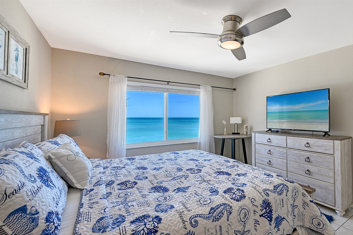 King master bedroom with TV and view 