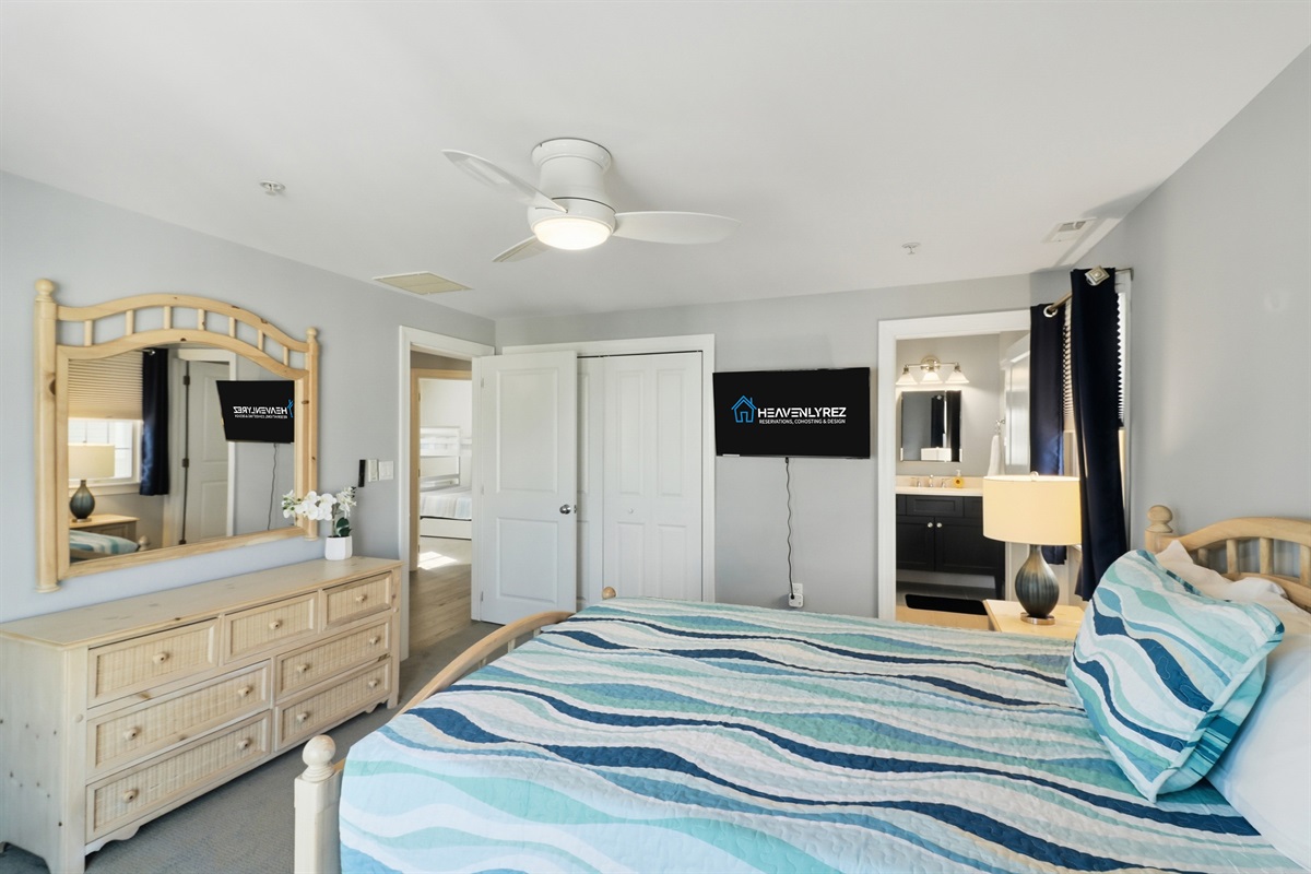 Relax in a queen bed with a private bathroom