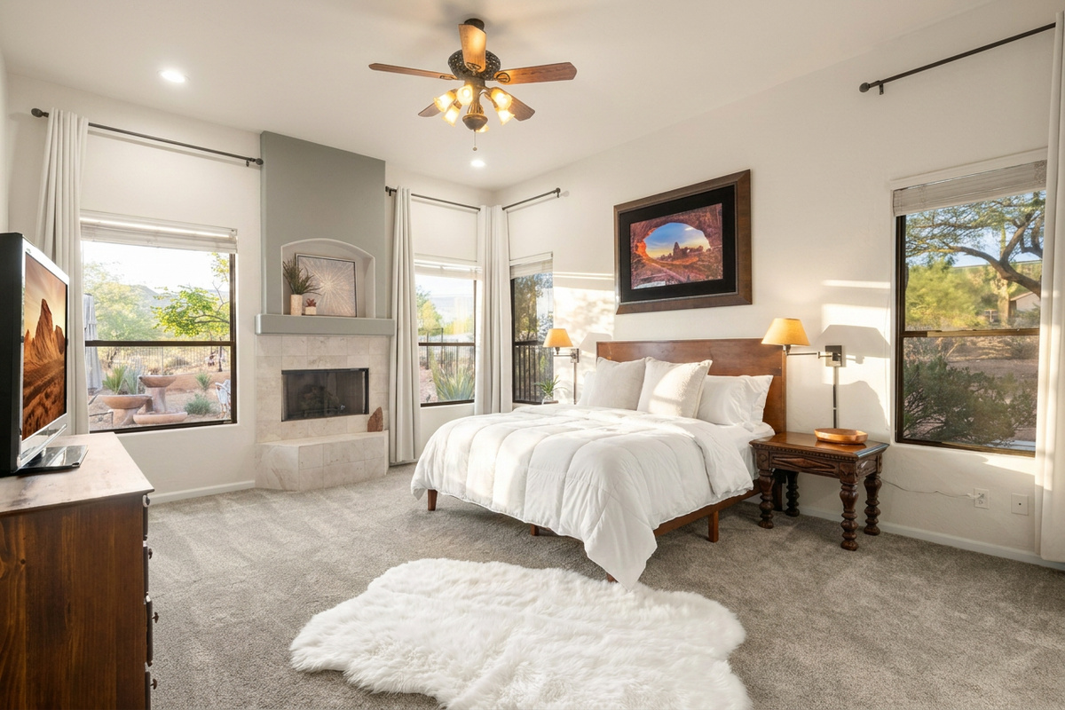 Unload and unwind in the beautiful primary bedroom suite. Located apart from all the other larger bedrooms yet close to the bunk room make this a great space to unwind.