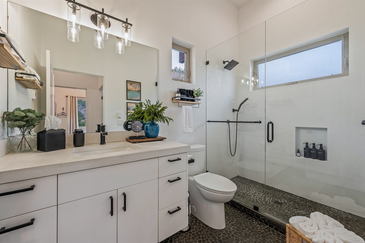 Bathroom with large walk-in shower and heated floors