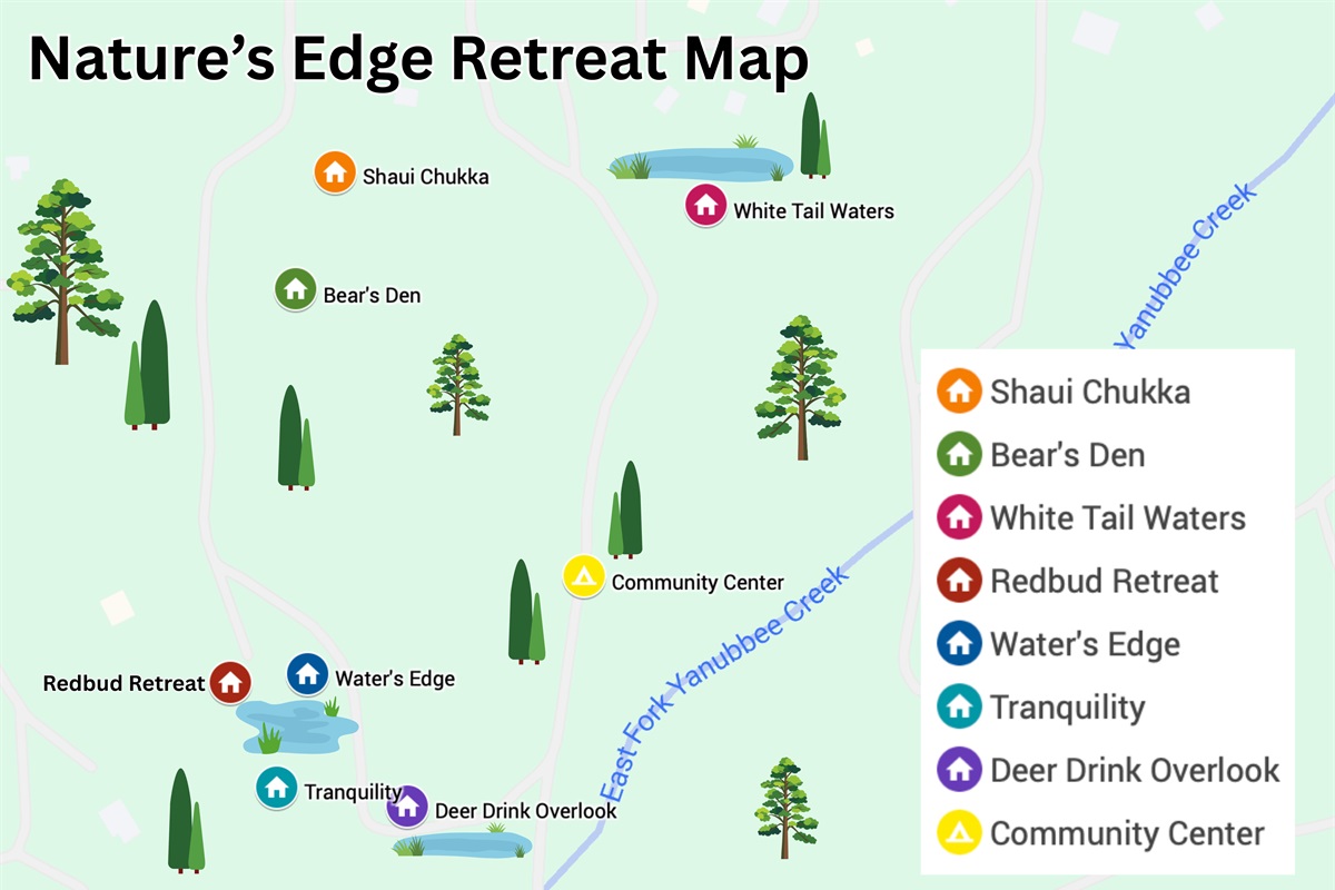 Explore the retreat map to find your cabin, ponds, trails, and gathering spaces. Every path leads to relaxation and adventure.