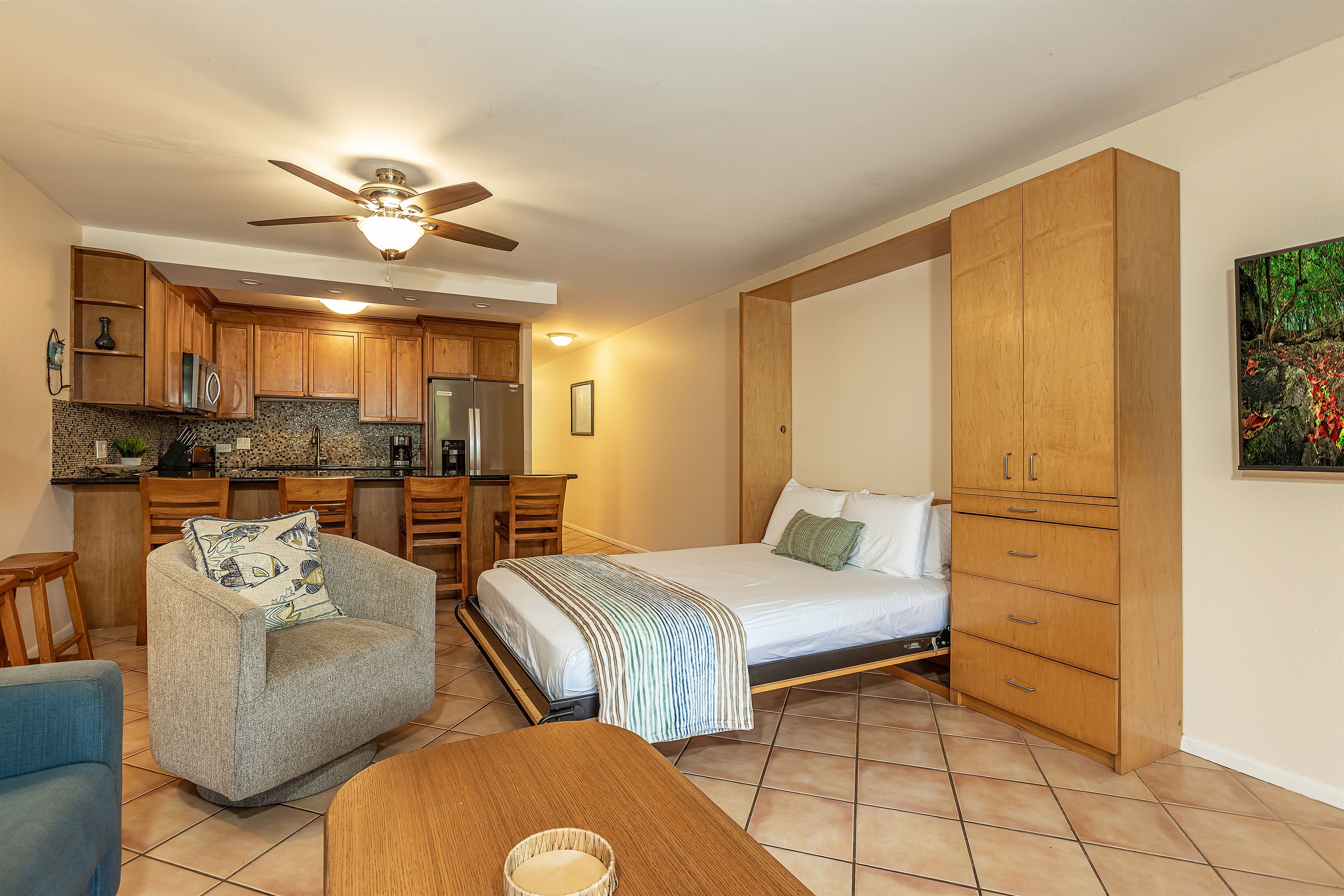 Murphy bed can be raised or lowered as needed for more guests or extra space!
