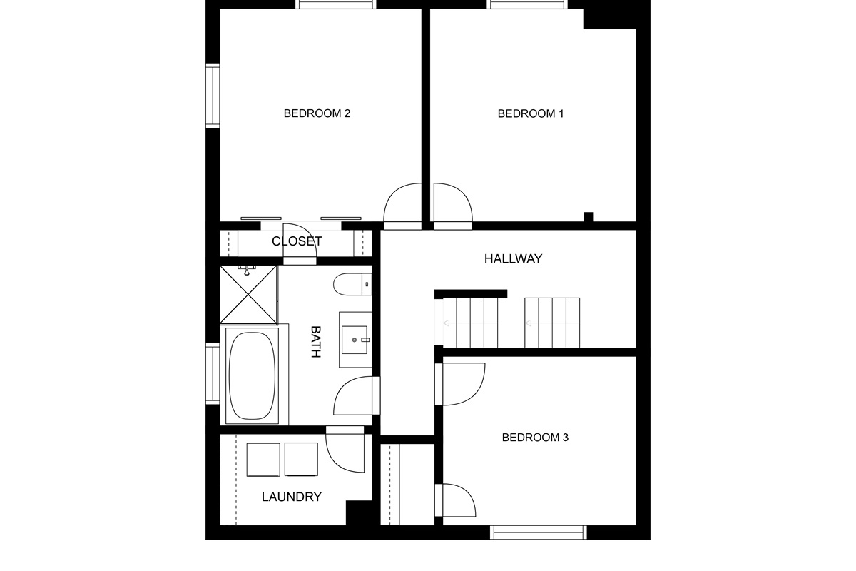 dern Tree House Cabin floor plan of the second floor.This floor has 3 Bedrooms, a Full Bathroom and the Laundry Room.