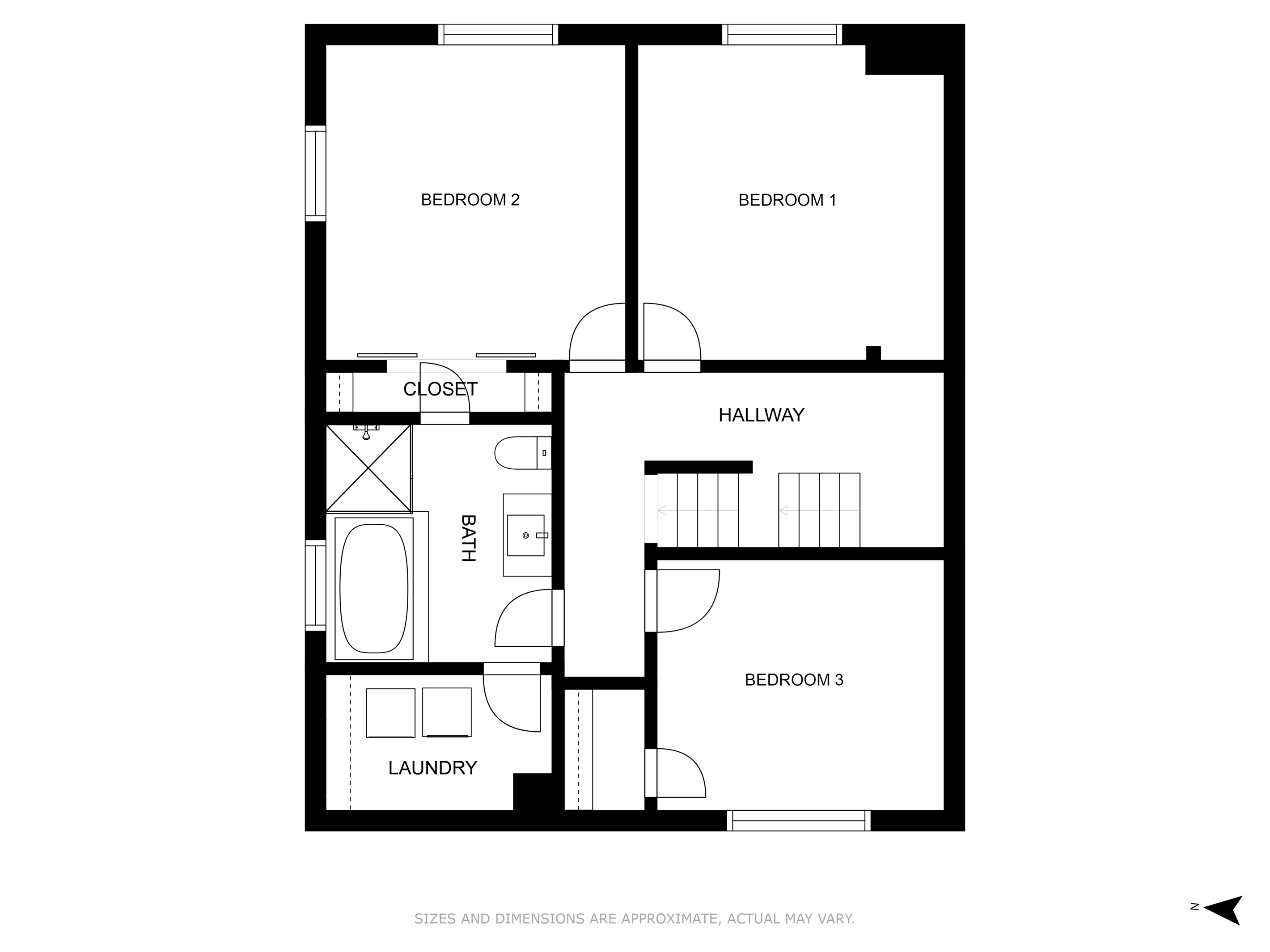 dern Tree House Cabin floor plan of the second floor.This floor has 3 Bedrooms, a Full Bathroom and the Laundry Room.
