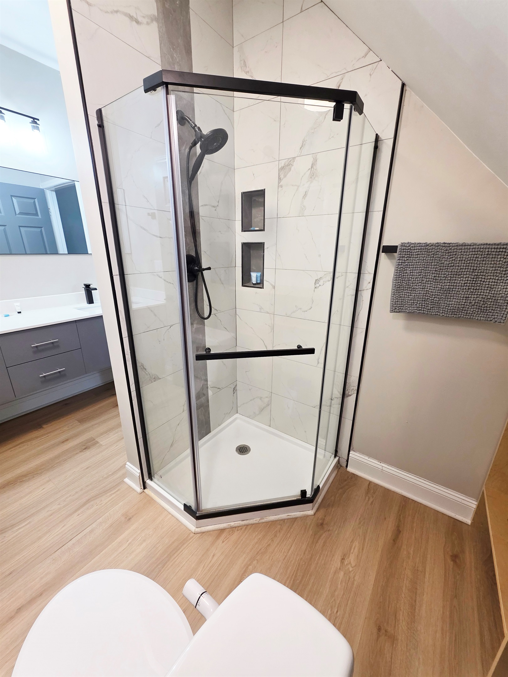 Upstairs Full Bath - (Jack & Jill) - Shower & Toilet with integrated Bidet attachment for added comfort.
