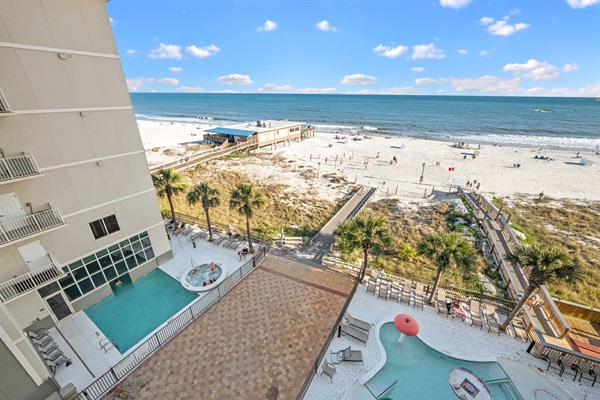 View of the beach and pools