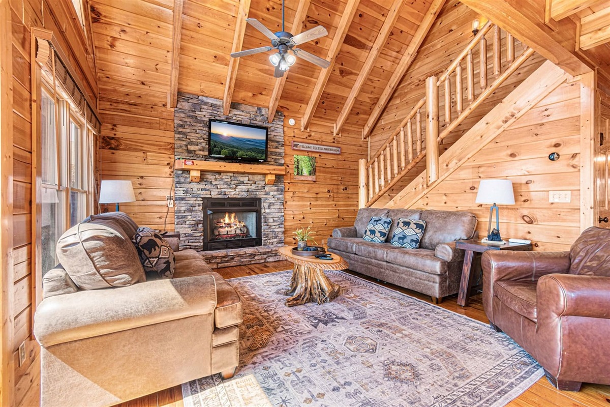 Gas fireplace and widescreen TV in the living room