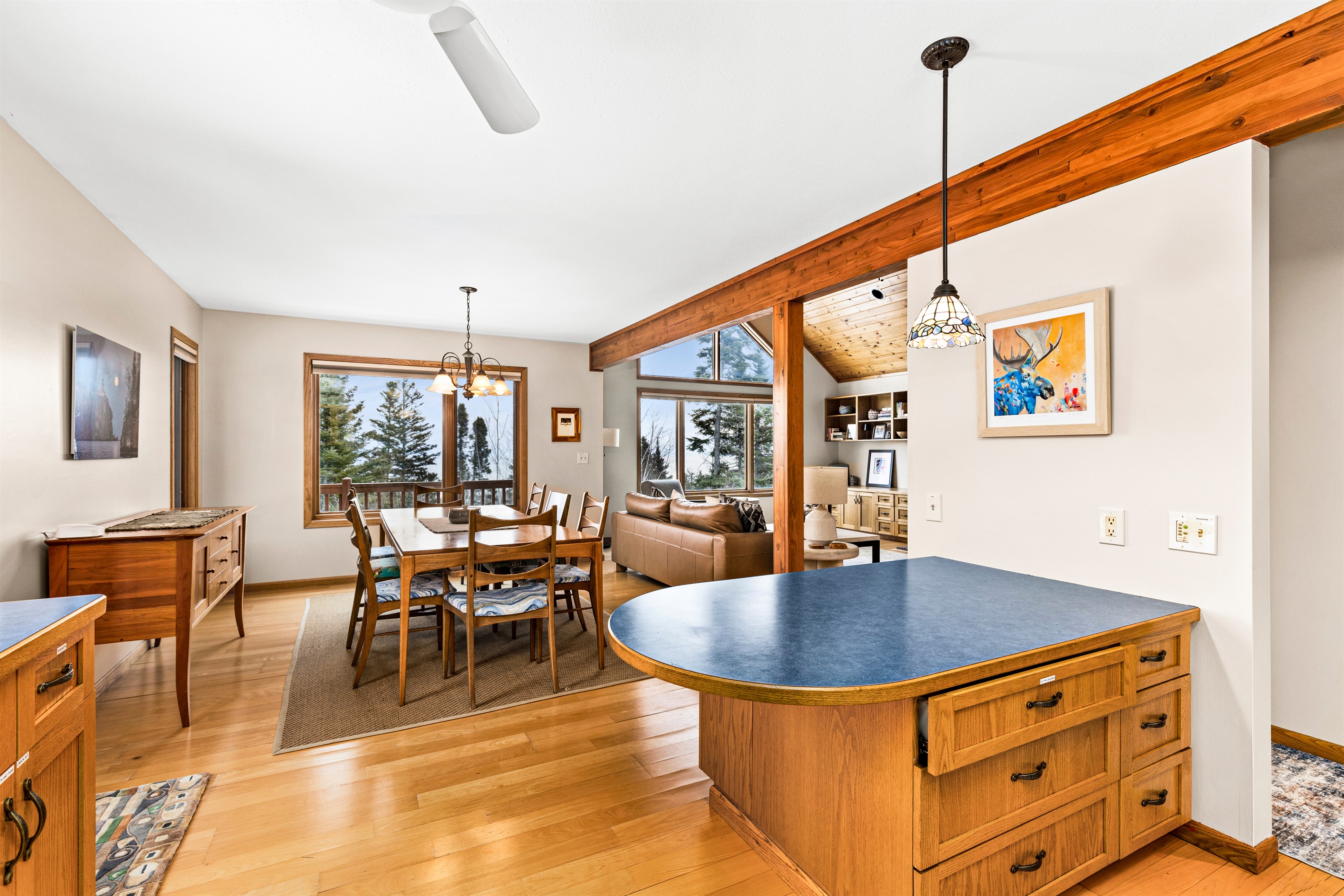 Looking from the kitchen back towards the dining and living room, you can imagine talking about the days trips exploring the North Shore.