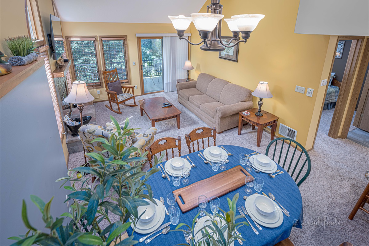 Downstairs - dining area, living room (queen pullout), kitchen, bedroom (2 twins), full bath, laundry