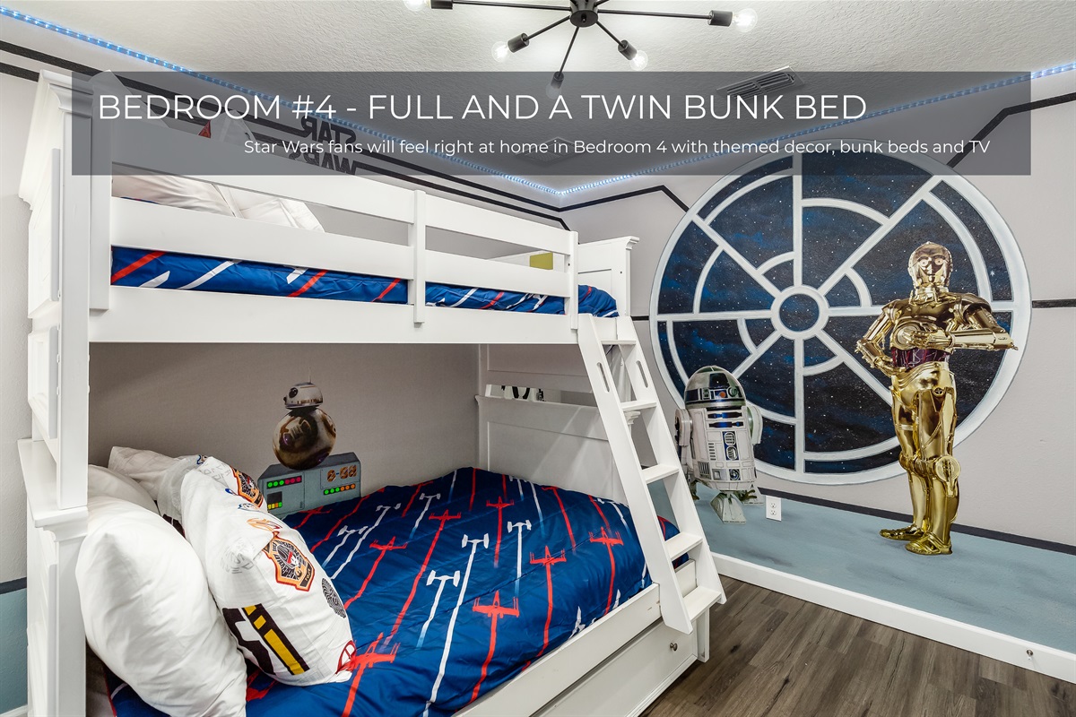 Comfort and space come together in Bedroom 4 with a full and twin bunk bed