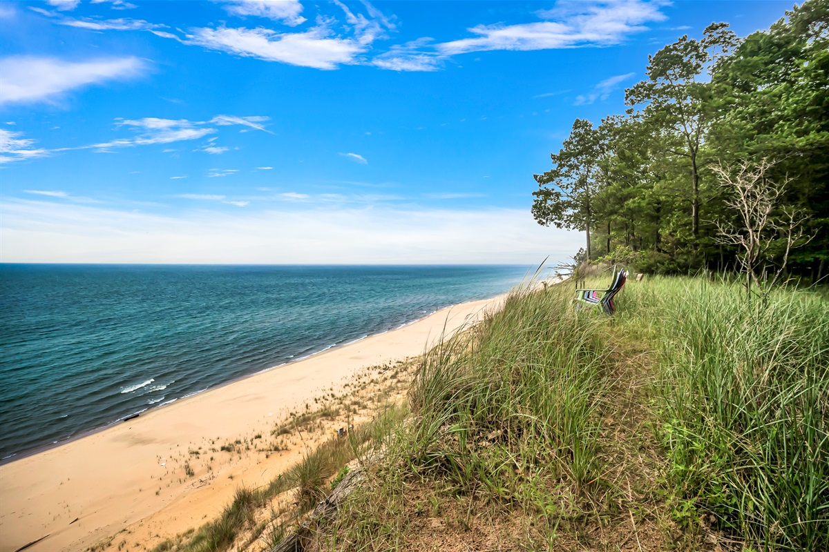 Be sure to spend some time in one of our 8 bluff chairs overlooking Lake Michigan, White Lake and the White Lake Channel visible to the south. Steps required to access the beach.