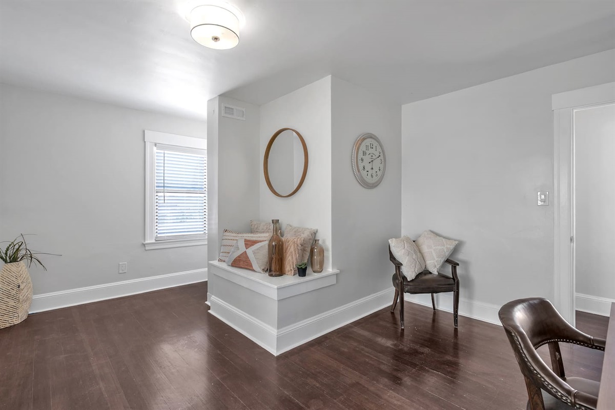 Contemporary and calm, this bedroom has a full-size bed and soothing decor for stress-free nights.