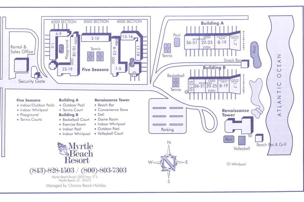 Map of Myrtle Beach Resort, guests have access to all amenities in the 4 locations of the Resort 