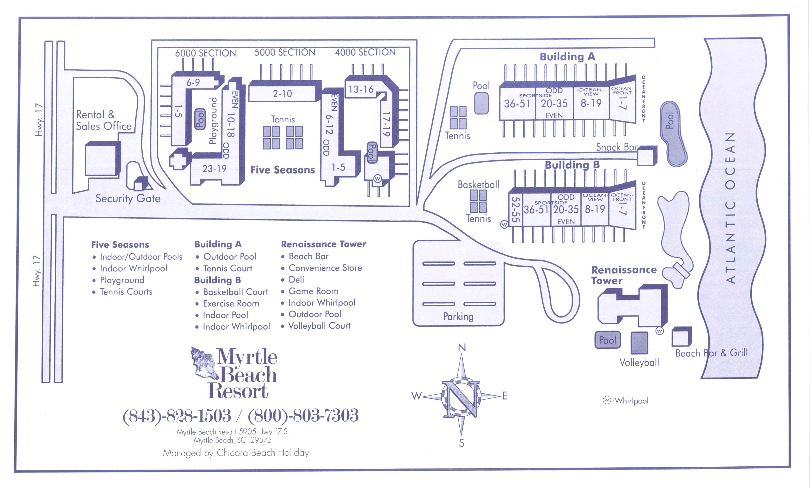 Map of Myrtle Beach Resort, guests have access to all amenities in the 4 locations of the Resort 