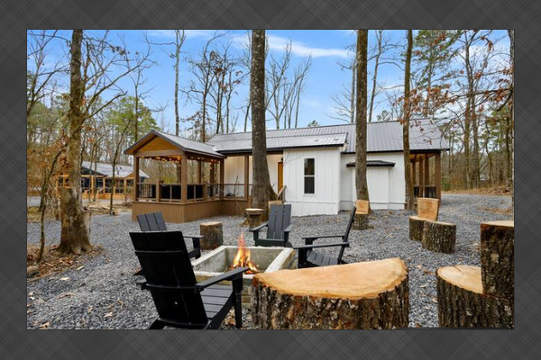 Gather around the fire pit beneath the pines