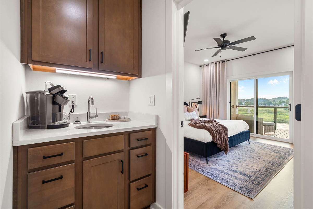 Upstairs coffee and beverage bar conveniently located between bedrooms for easy morning refreshment.