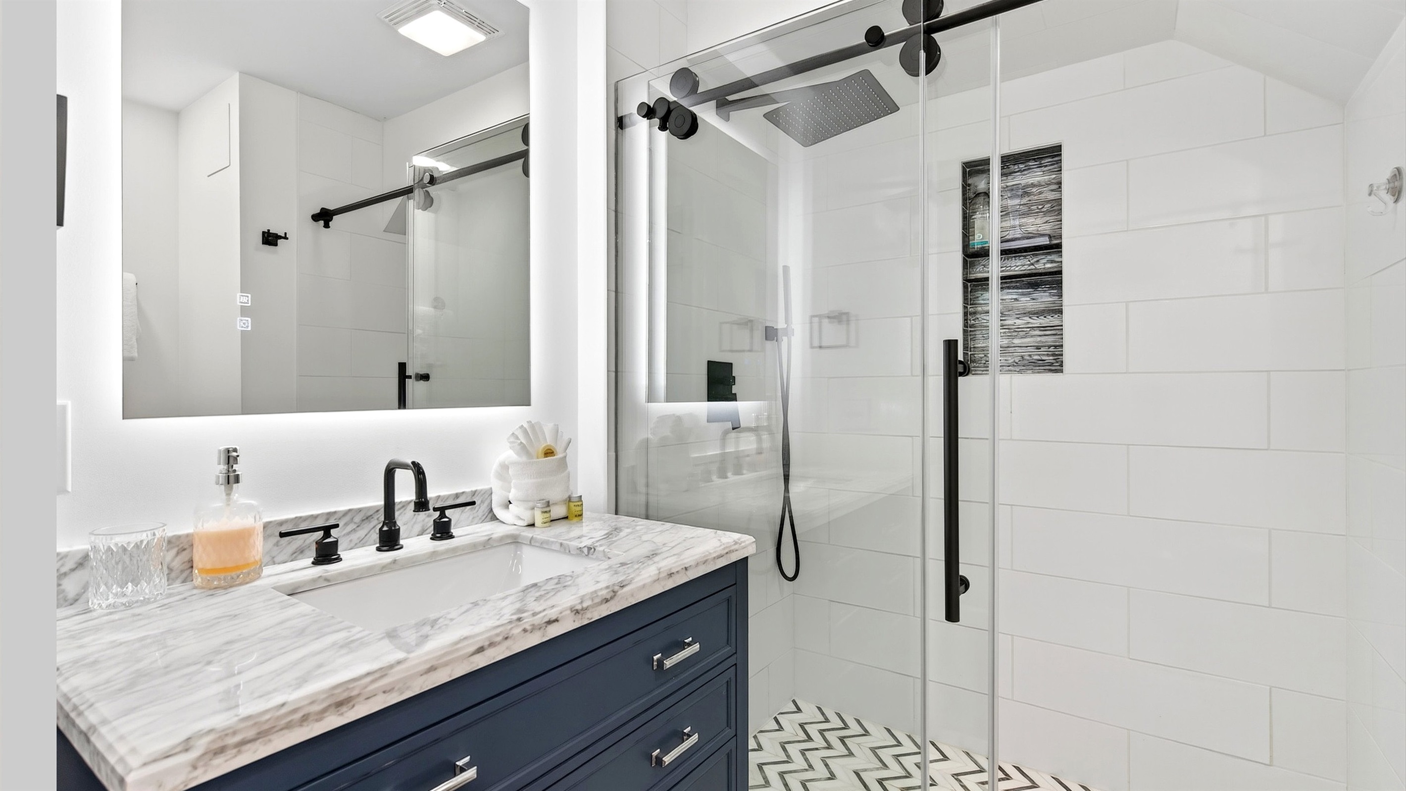 Lower level bathroom with a beautiful walk in shower