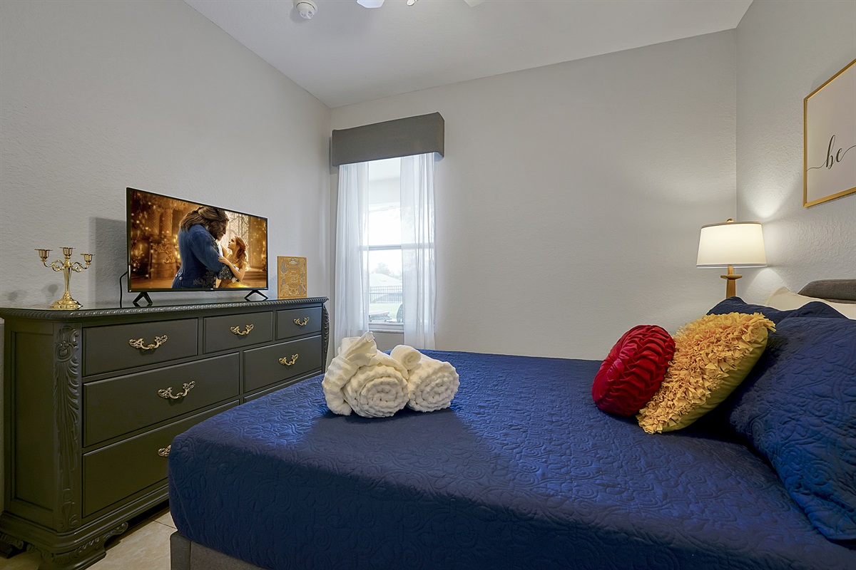 With a view of the pool and a downstairs location just off the family room, the Beauty and the Beast room is perfect for those guests who try to avoid stairs.