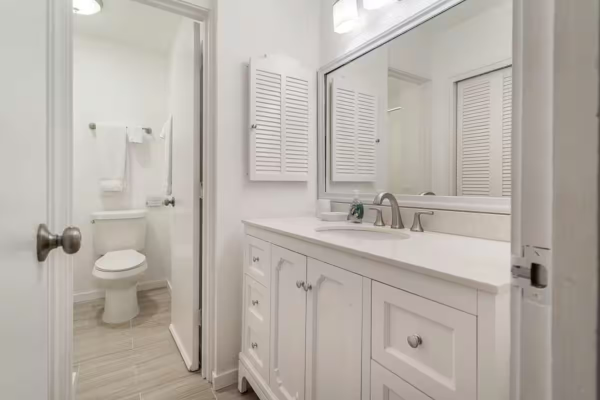 Bright bathroom vanity area with ample counter space.