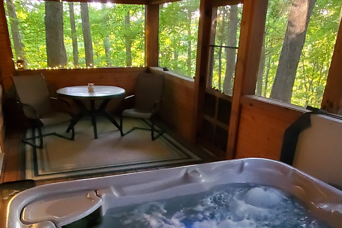 The screened-in porch faces the back so you will have privacy and exclusive use of the hot tub.