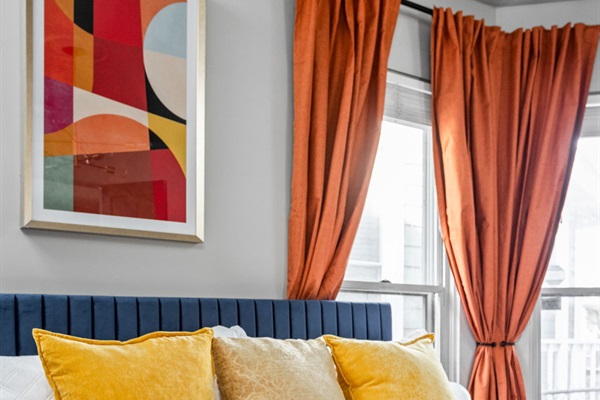 Sleep comfortably in a king size memory foam bed and blackout curtains. Watch your favorite shows and movies on the smart TV.