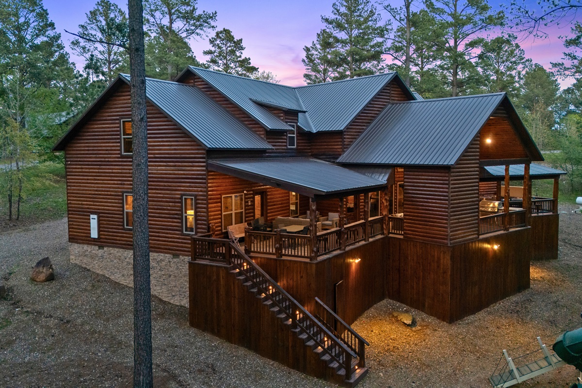 A side view of the cabin shows off its size and layout, along with the natural beauty that surrounds it from every direction.