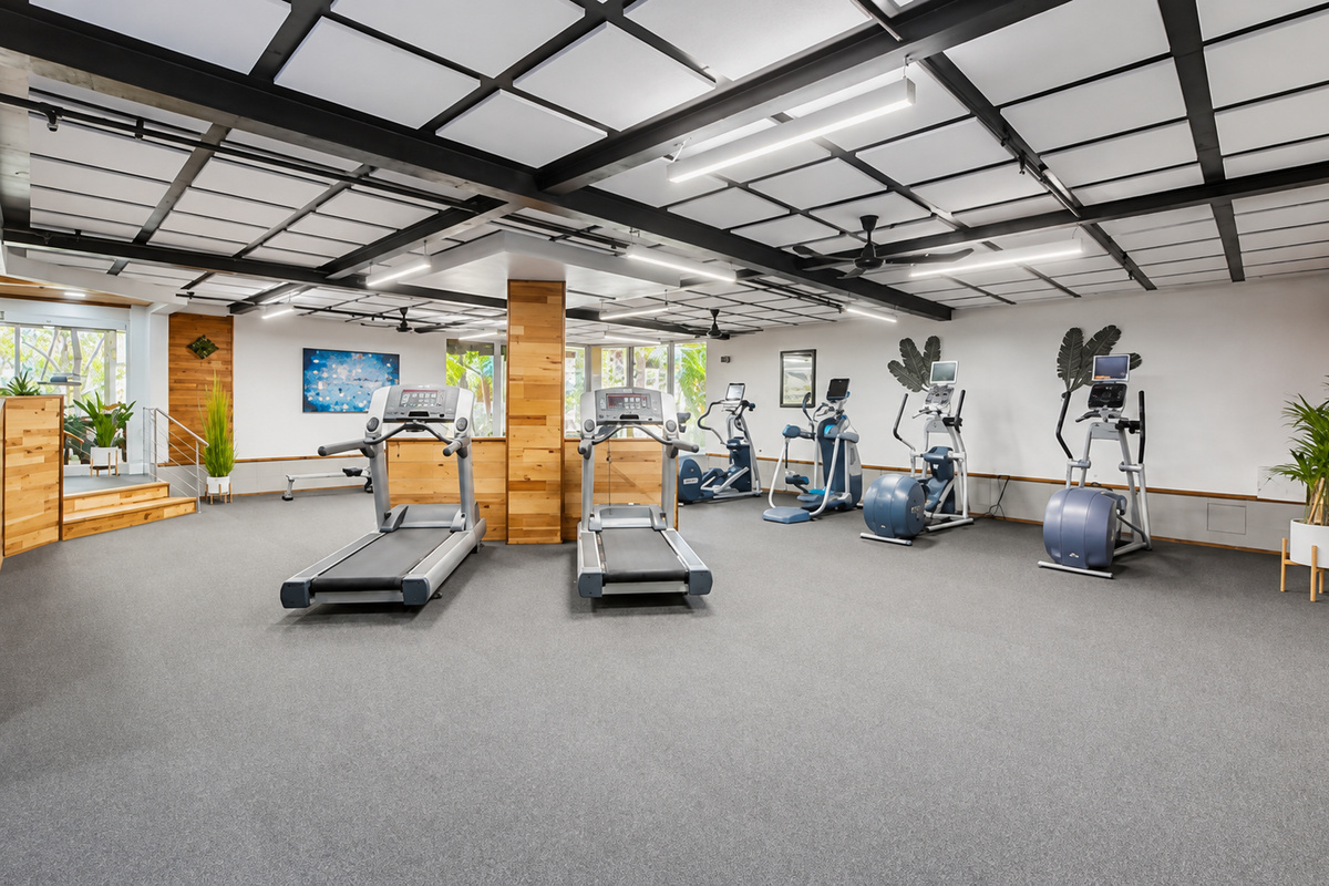Adults-only fitness center beneath the waterfall