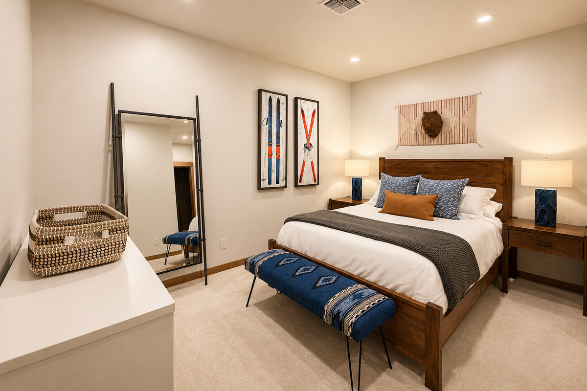 A serene retreat featuring upscale furnishings, soft textures, and modern mountain-inspired décor. This peaceful retreat is intentionally designed without a television, creating the perfect space to unwind and recharge.