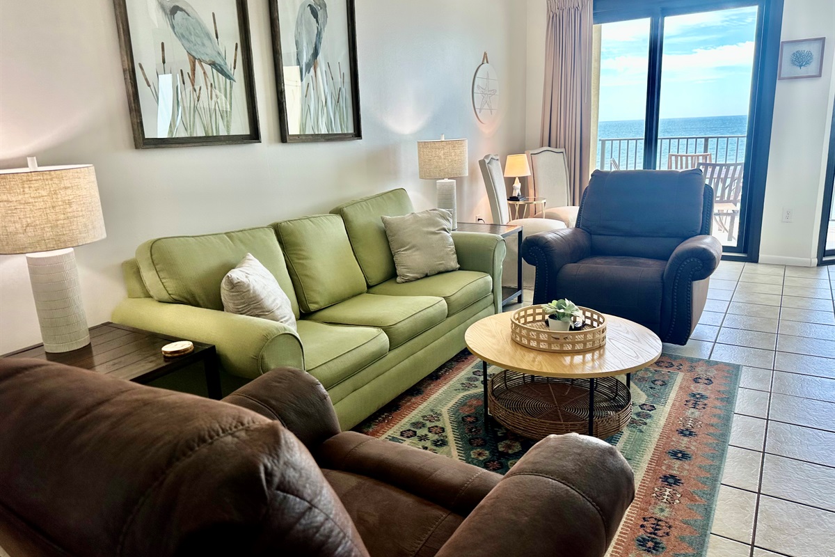 Coastal living room with a queen sofa sleeper!