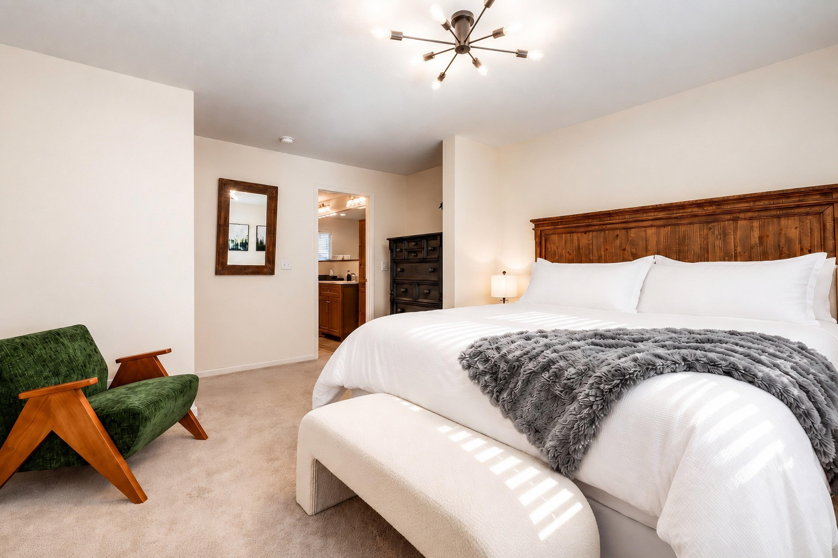 The master suite mirrors the cabin's beautiful design aesthetic, fea