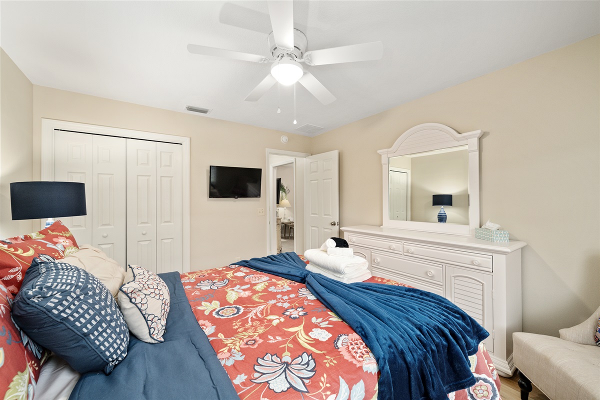 Large dresser and closet for clothing storage. A mounted roku TV to enjoy while relaxing before bed. *Must log into your streaming apps -no service is provided.