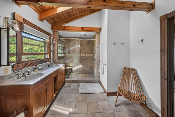 Spa like primary bathroom with glass door shower and skylight. 