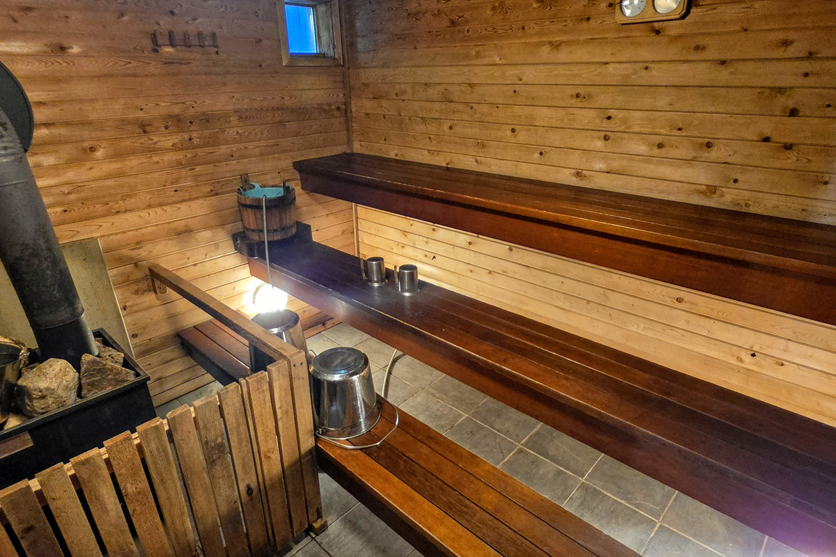Sauna interior seen from door at rear of kitchen