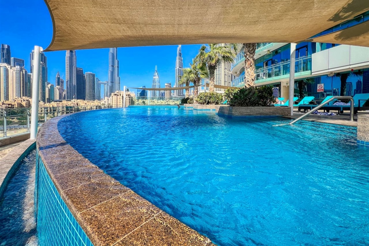 Swimming pool with full Burj Khalifa view
