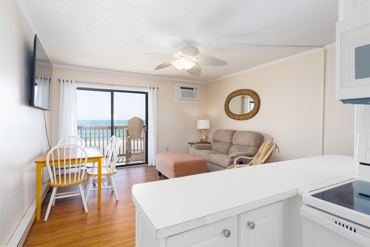 Ocean views from the kitchen, extending into the living room