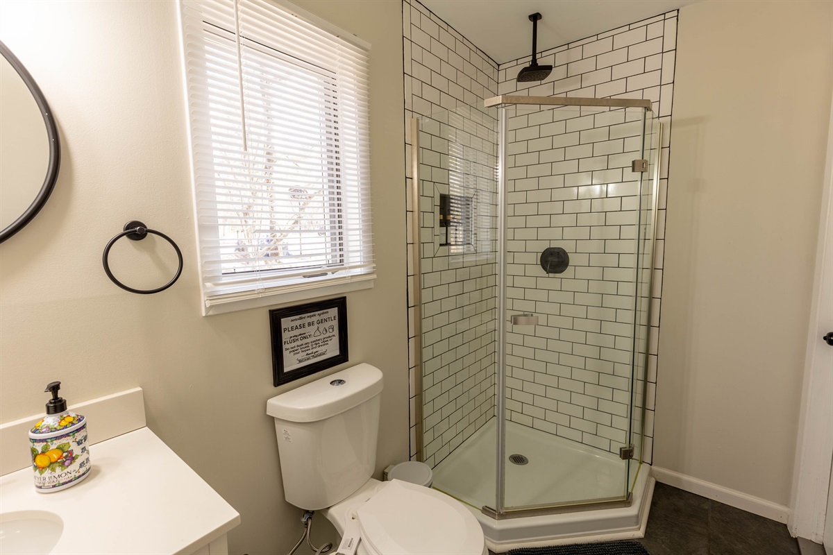 Wash your cares away and enjoy a refreshing rinse in the modern bathroom downstairs