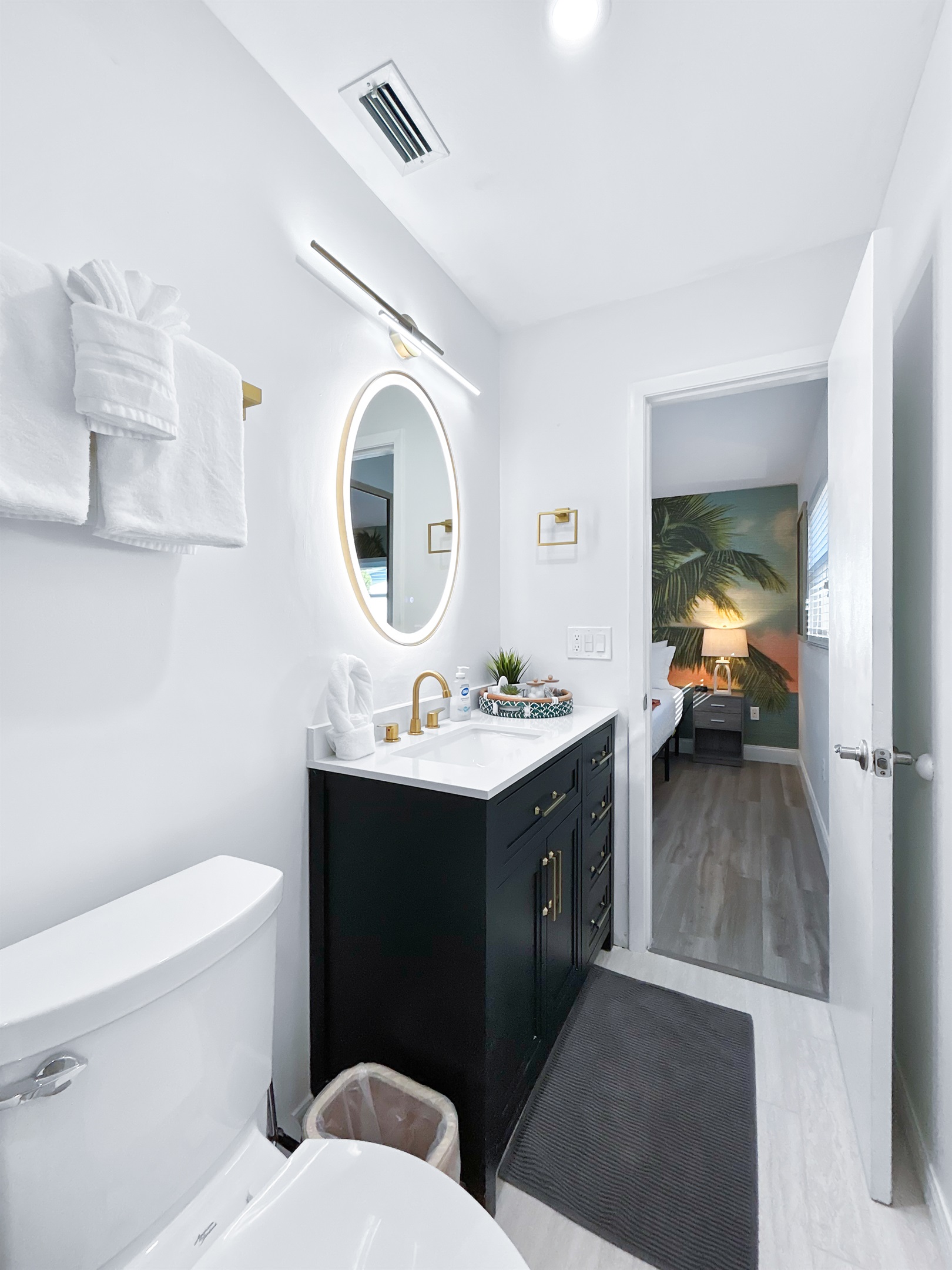 ✨ En suite bath with modern vanity + luxe lighting