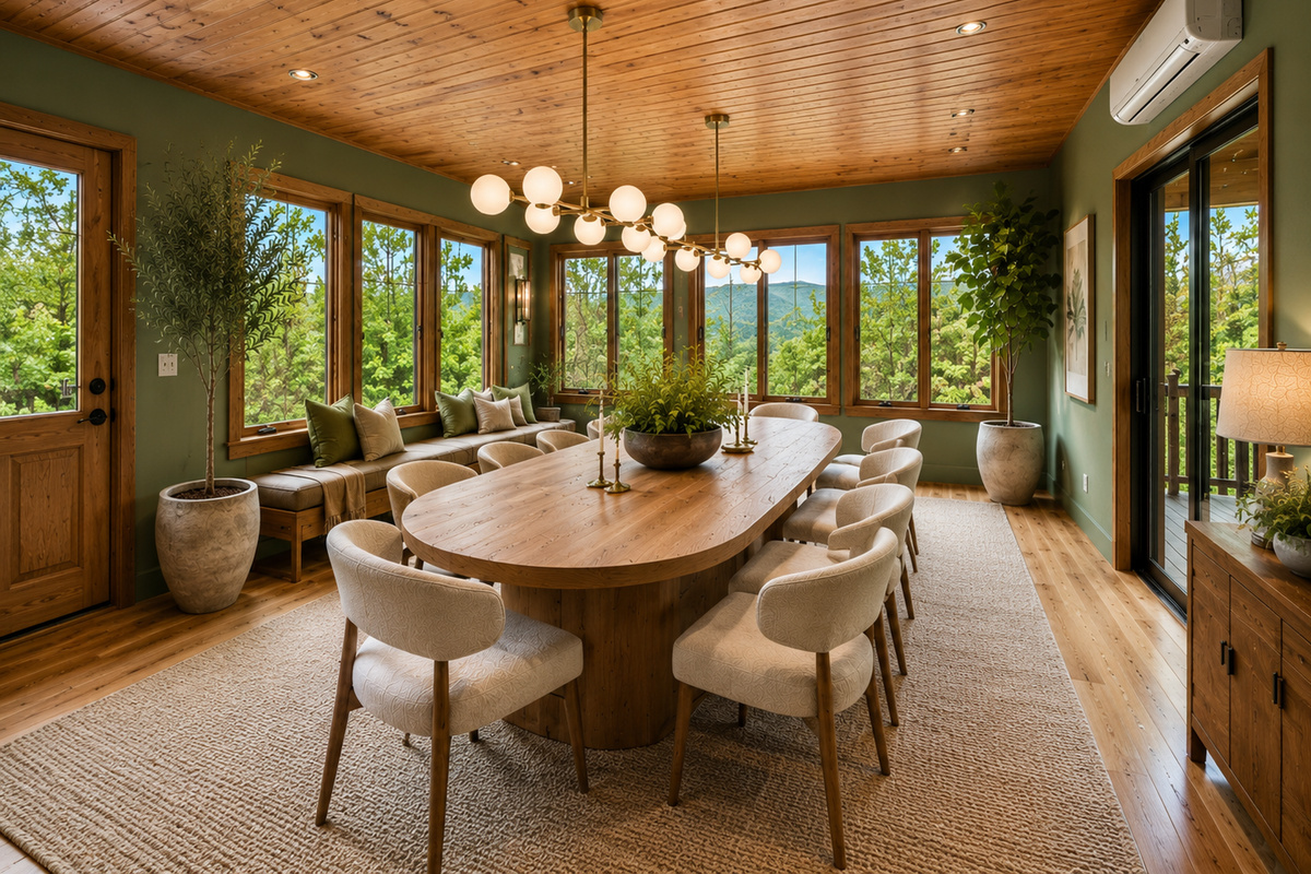 {Sunroom} Bathed in natural light and surrounded by forest views, the sunroom is made for slow mornings, afternoon conversations, and quiet moments immersed in the beauty of Pisgah Forest.