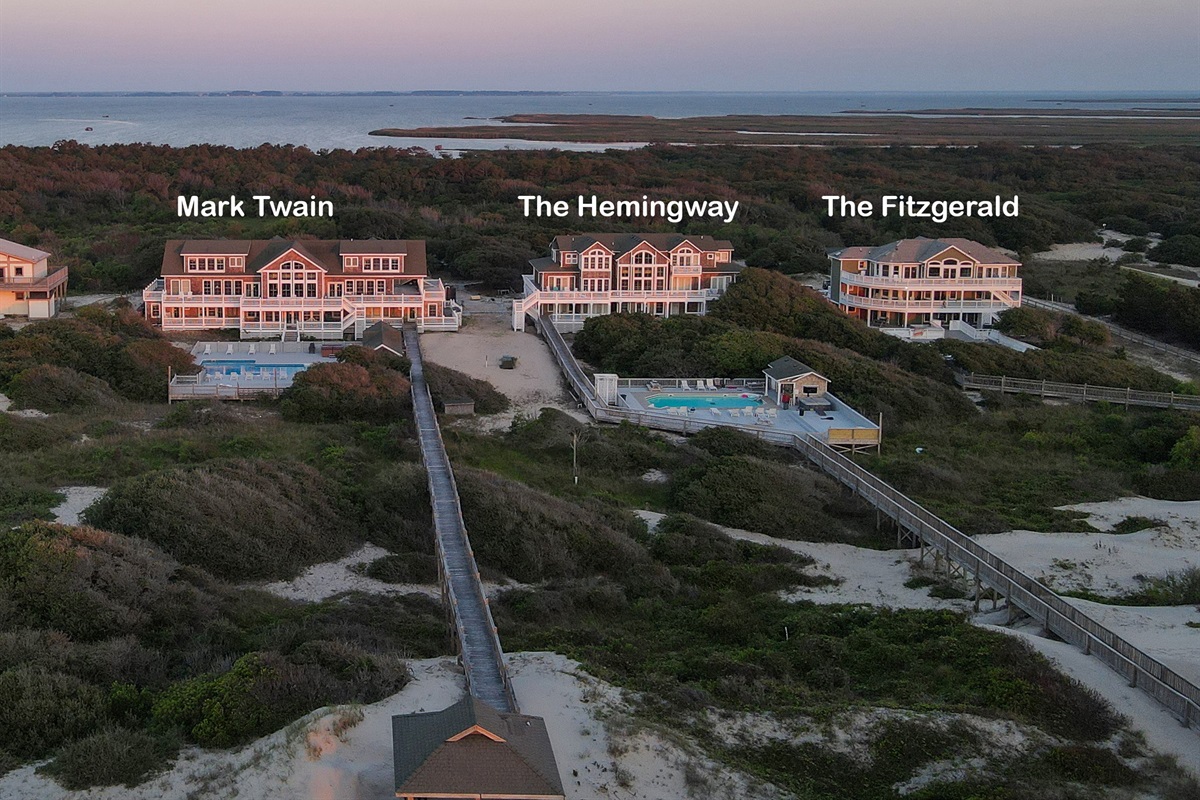 Estate Grounds Aerial — The Hemingway & Mark Twain with Private Beach Access | Event Venue on 6 Oceanfront Acres | Corolla 4x4, OBX
