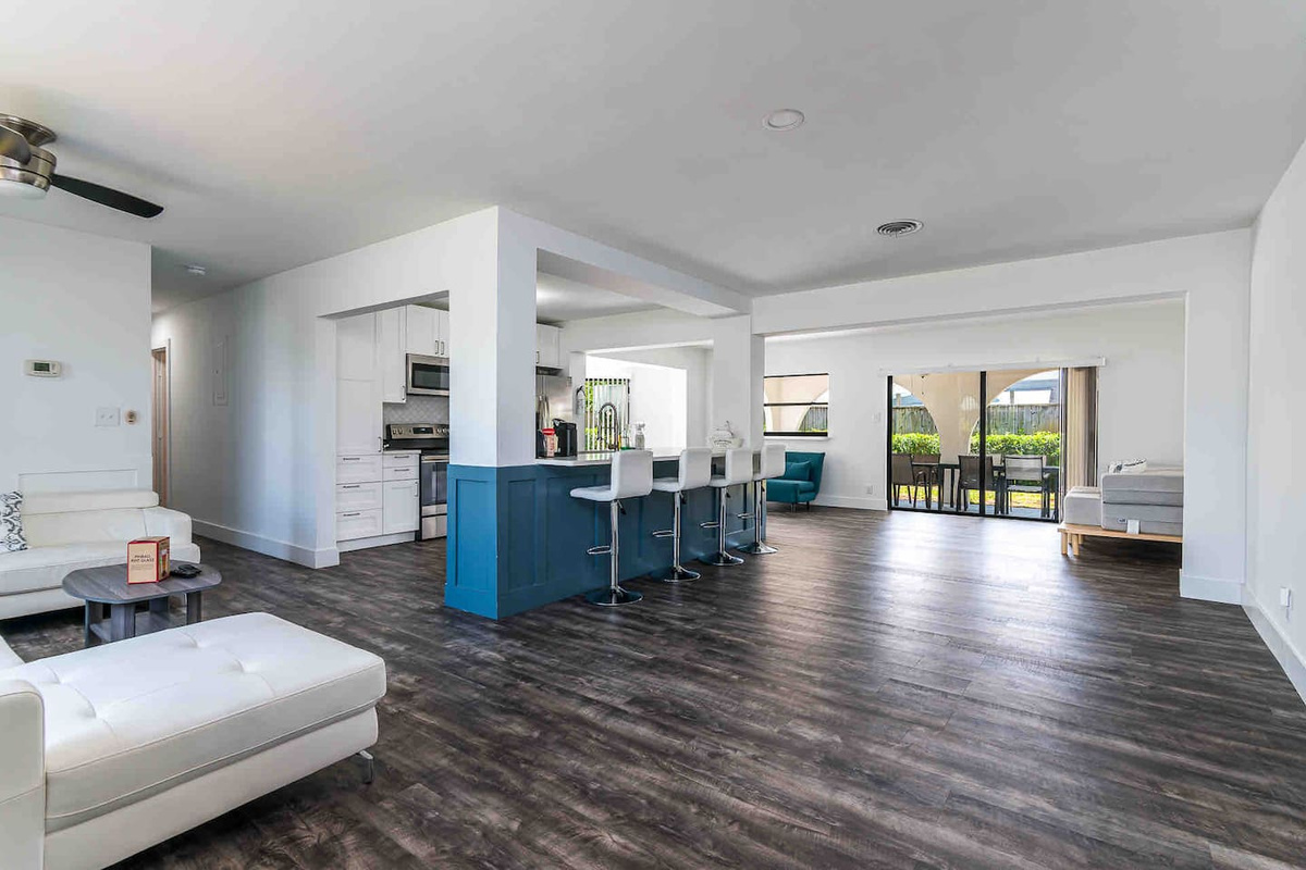 Flowing,  open layout of kitchen and living areas