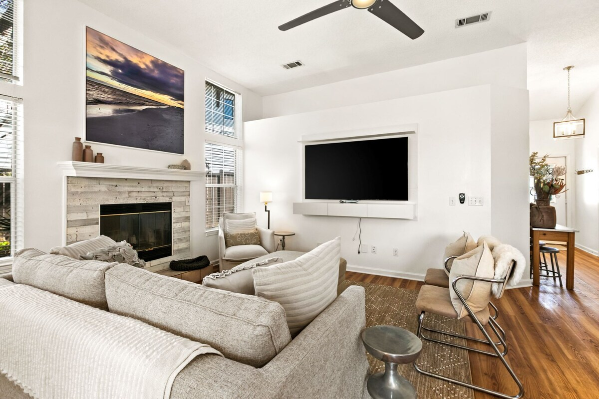 Relax in the living room and warm up by the indoor fireplace