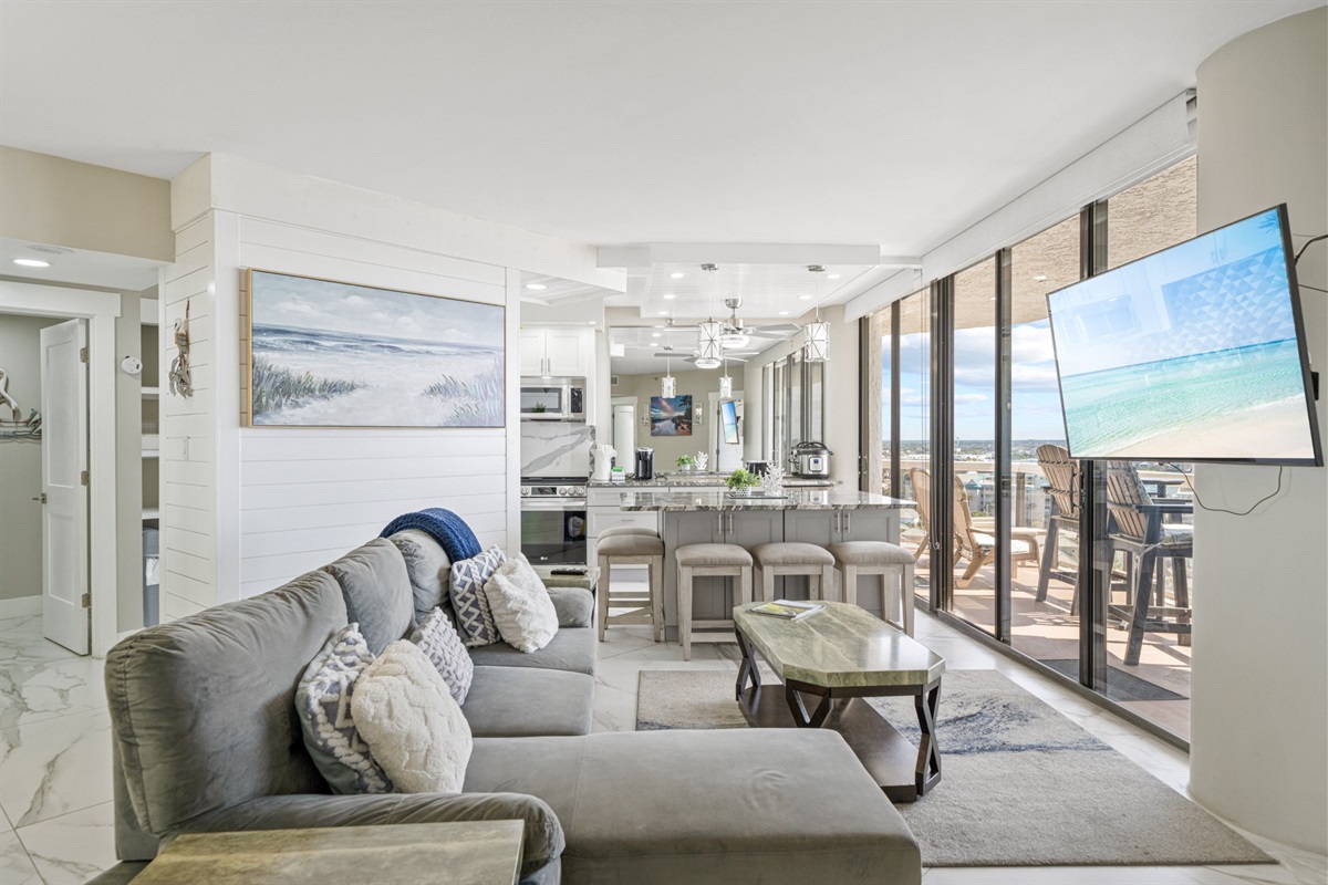 Bright, spacious, and designed so the Gulf is always part of the room. Whether you are cooking, relaxing, or just watching the waves, this living space keeps you connected to the water.