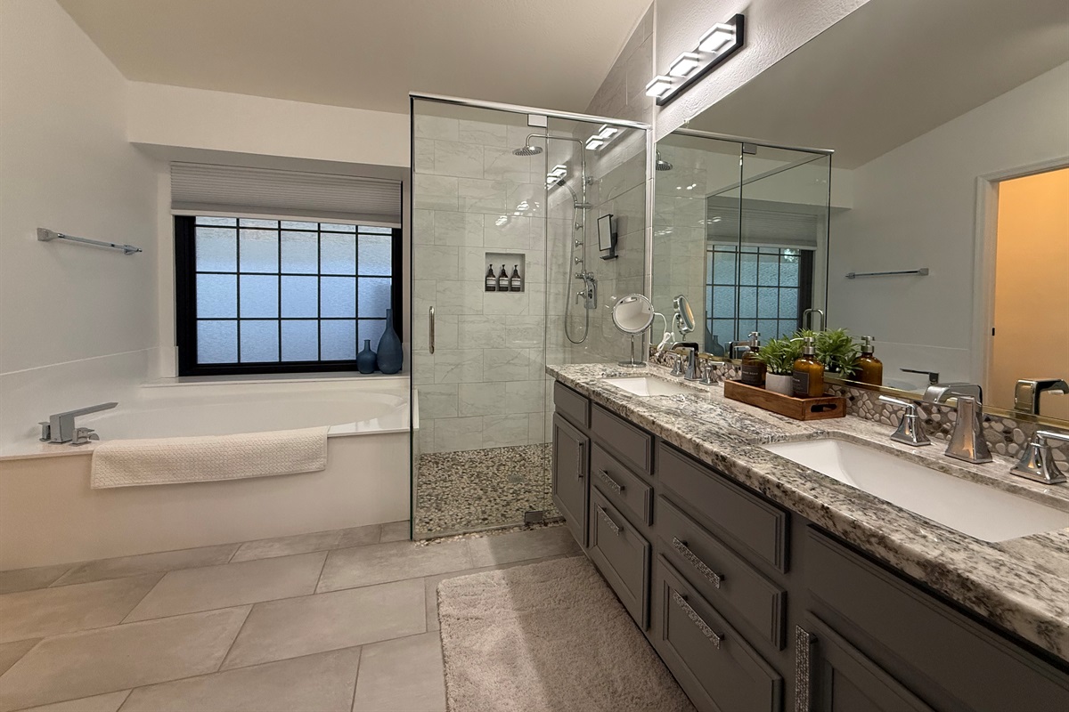Primary Bathroom: Roll-In Shower + Bathtub