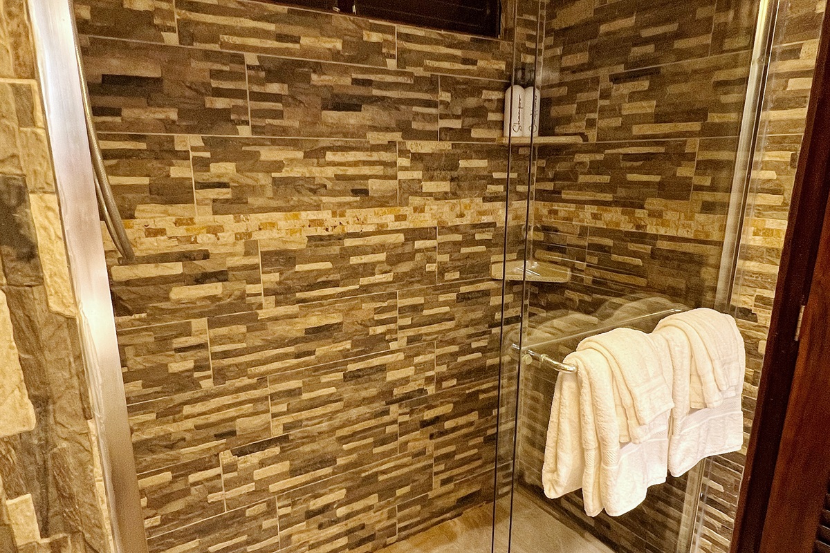 The spacious shower has been recently remodeled.