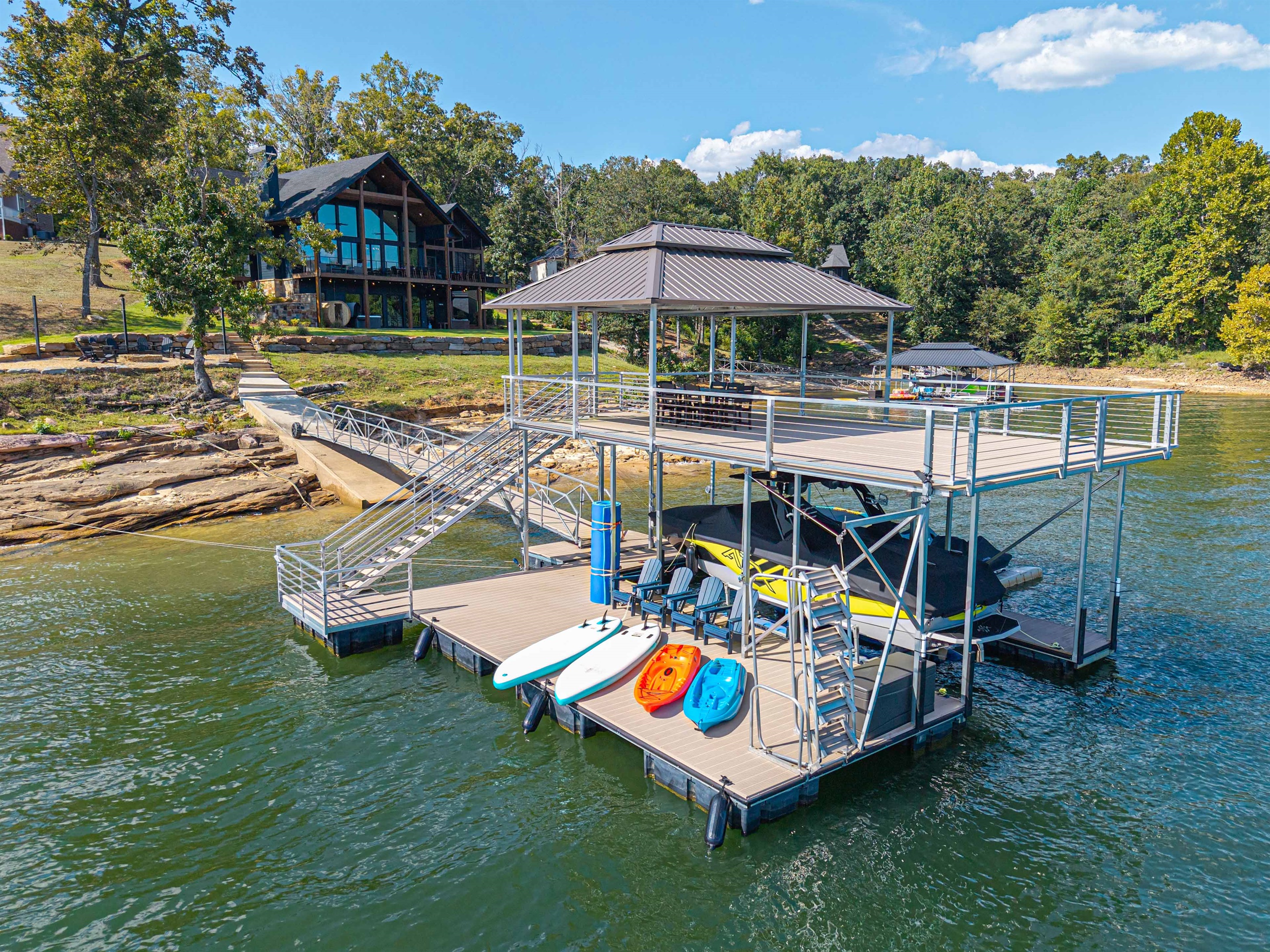 2 Story dock with equipped seating, paddle, boards and canoes. 