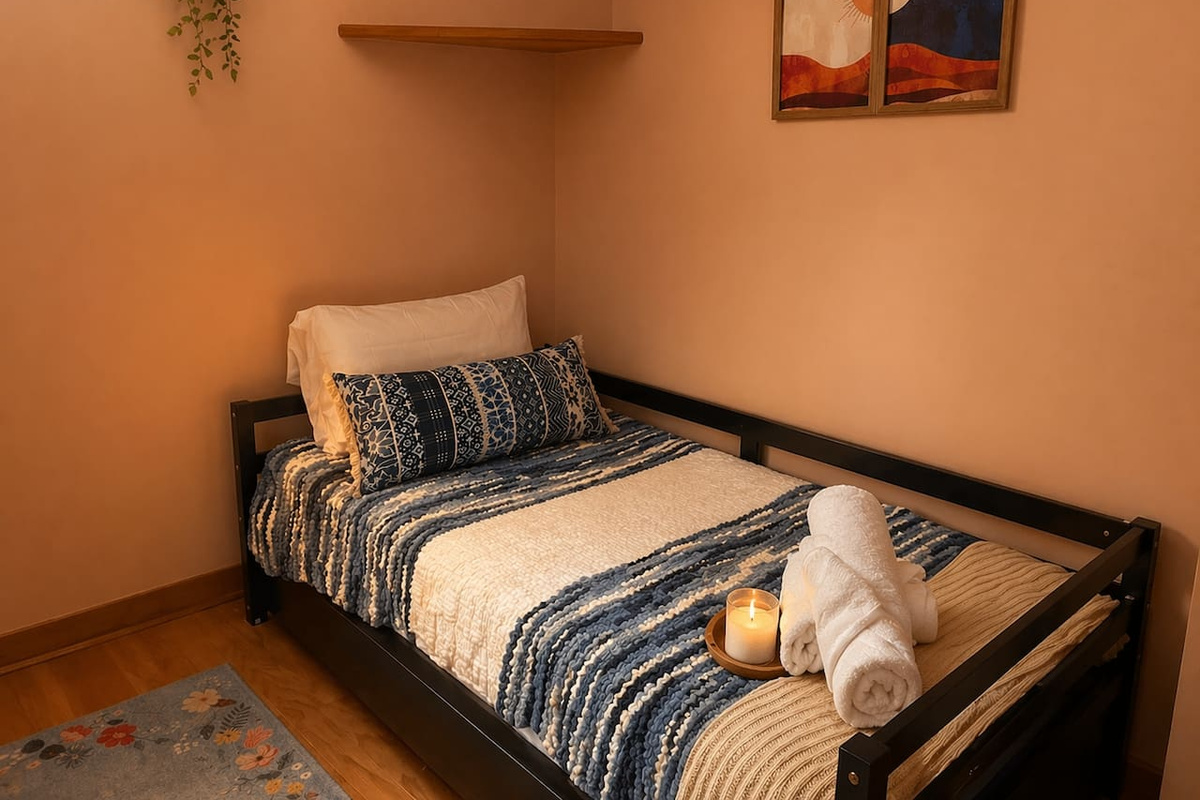 Step into a tranquil Zen retreat designed for calm and comfort. This cozy daybed space blends soft textures, warm tones, and minimalist design—perfect for meditation, reading, or unwinding after a day by the lake.