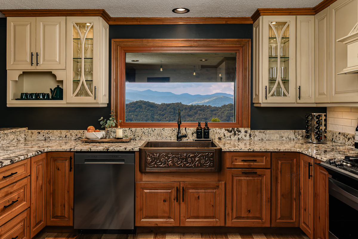 {Kitchen} Even doing the dishes comes with a Blue Ridge Mountain view from the picture window above the sink.