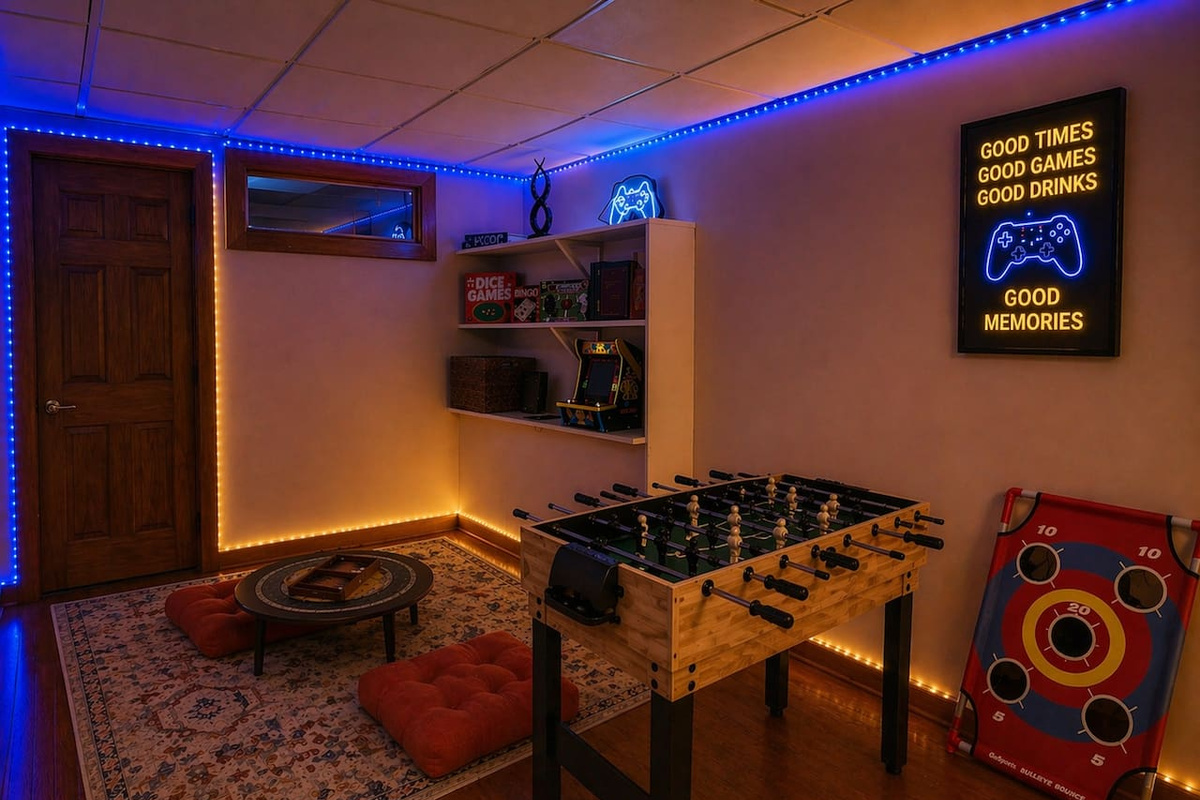 Fun-filled game room with foosball, Pac-Man arcade, board games, puzzles, domino, and cornhole—relax on floor pillows or gather around for game nights, creating the perfect space for entertainment, laughter, and unforgettable moments for all ages
