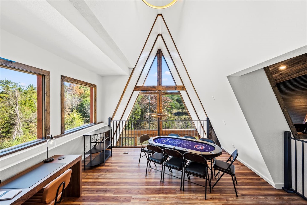 Modern A-frame with designer  & seating for 8—perfect for group meals and cozy nights in.
