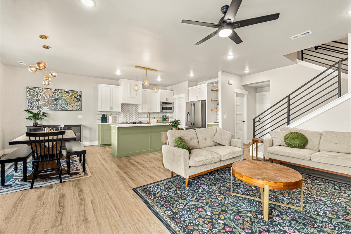 Main level living room, kitchen and dining area.
